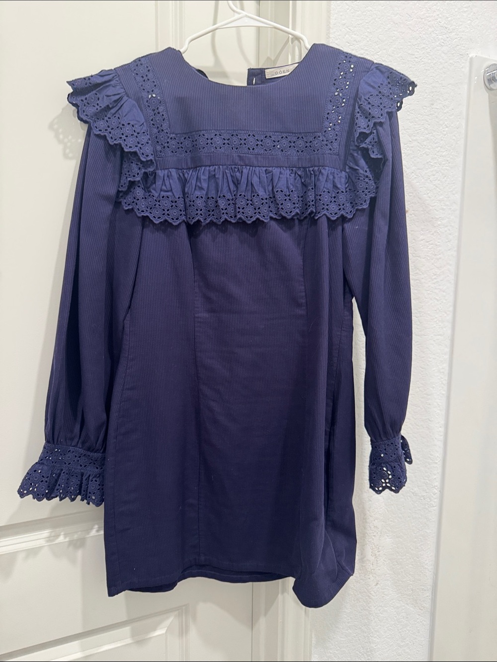 Doen Minore Ruffled Broderie Anglaise-trimmed Ribbed Cotton Navy Mini Dress - Picture 2 of 5